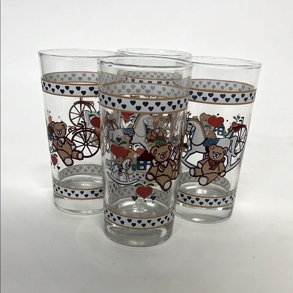 Vintage Libbey Teddy Bear Rocking horse Glass Set of 4